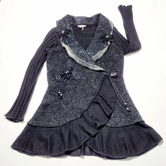 Sioni Women's Cardigan Vintage Inspired Artsy Black Wool & Mohair Blend (L) - Picture 11 of 15